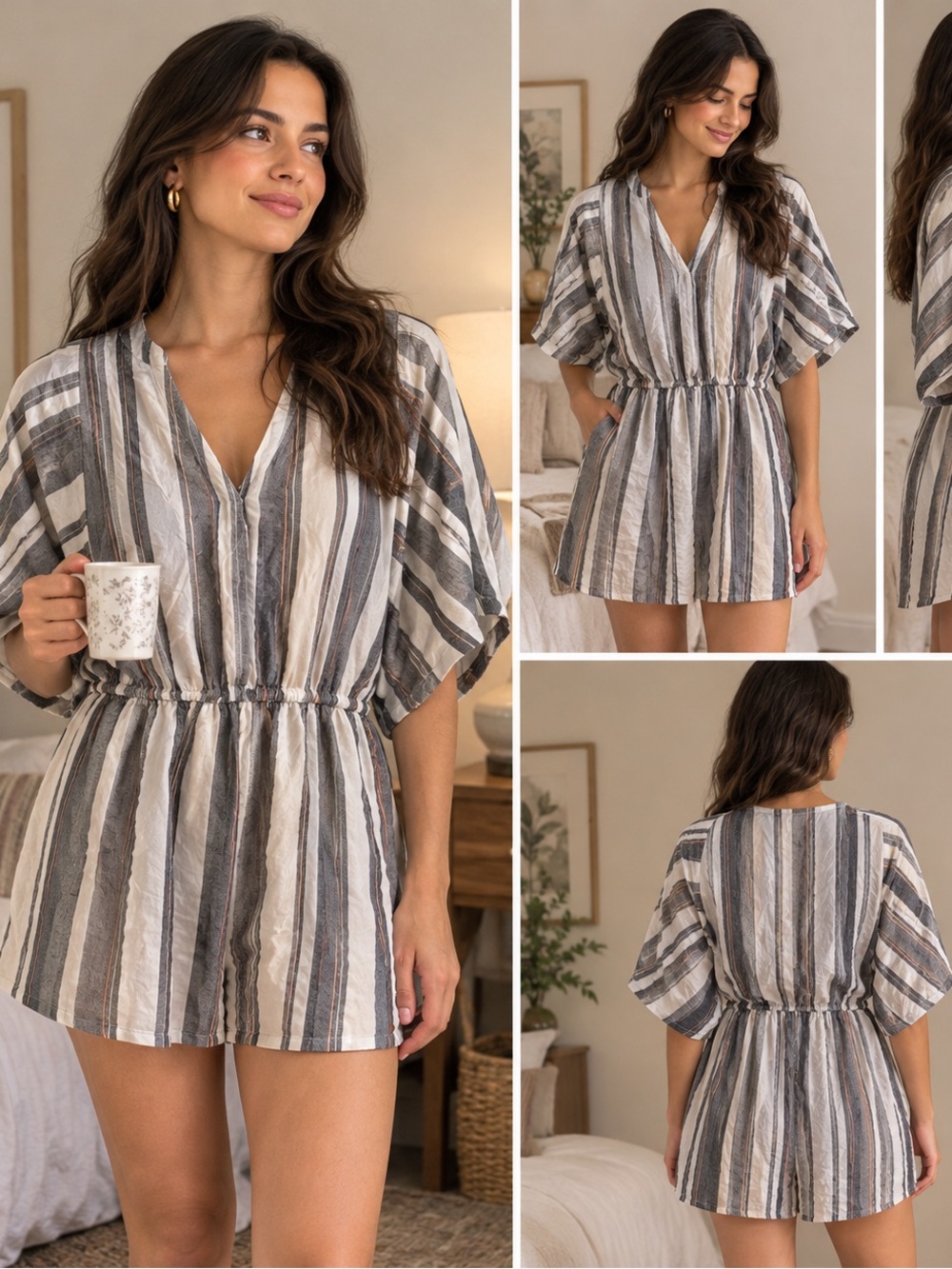 Rebellion Vertical Stripe V-Neck Short Sleeve jumpsuit- Gray, White & Tan